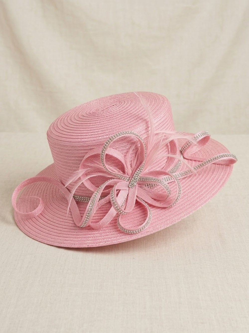 Elegant Pink Straw Church Hat with Rhinestone Trim